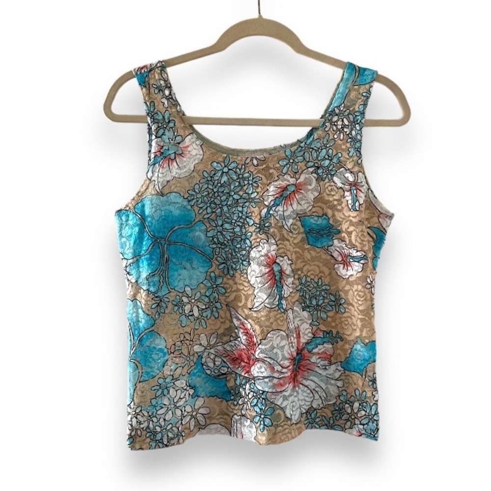 Vintage 90s Cream Tropical Floral Lace Tank Top Women’s Size Medium Summer Vacay